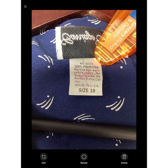 Vintage 80s Carriage Court Blue Pattern Print Dress White Lace Collar size 10 - Picture 9 of 10